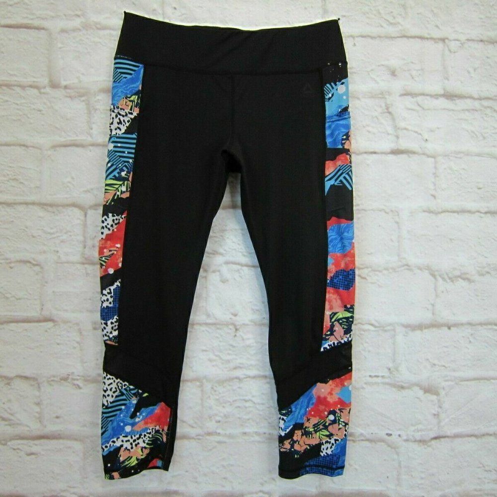 Reebok Black with Vibrant Printed Sides Leggings with Pockets Mesh Insert Size L